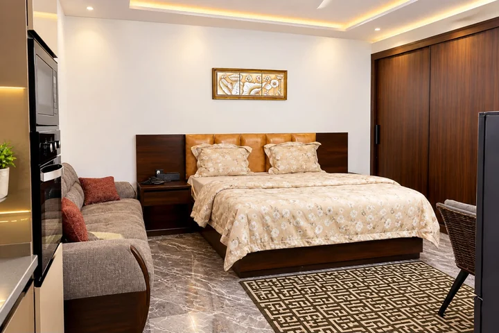 Enhanced full view of a one-bedroom apartment